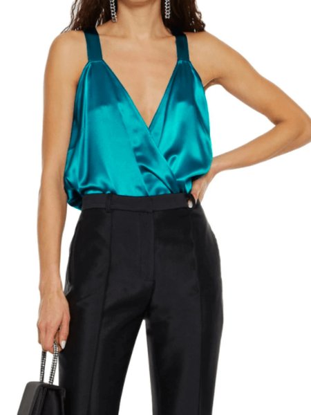 

Summer Non-Stretch Lightweight Elegant V Neck Loosen Woven, Green, Tunics
