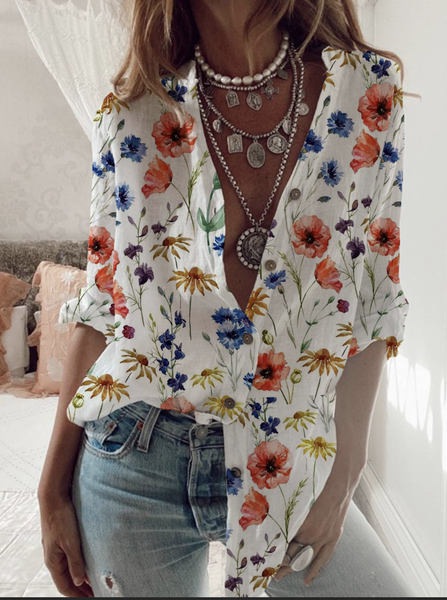 

Stand Collar Floral Printed Casual Vacation Long Sleeve Blouse, White, Shirts & Blouses