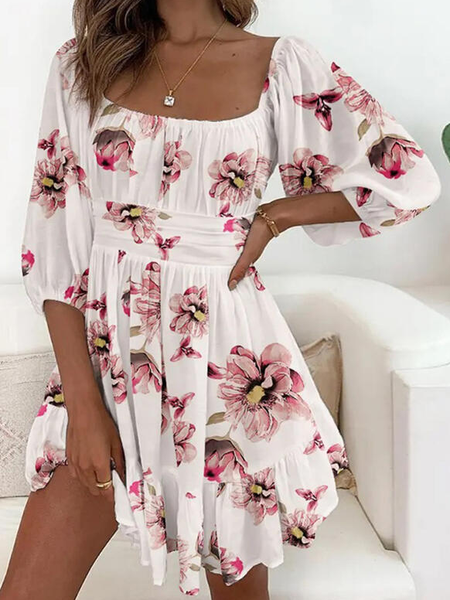 

Boho Floral Loosen Bishop Sleeve Short Sleeve Woven Dress, White, Dresses