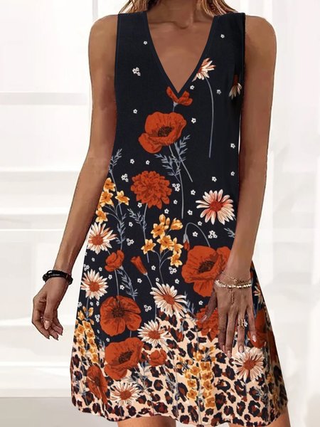 

Vacation Floral Leopard Printed Casual Loosen V Neck Midi Sleeveless Knitting Dresses, Black, Mini Dresses