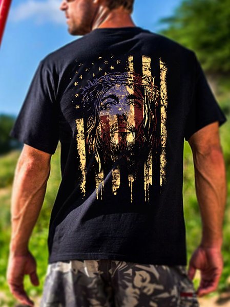 

Men's Casual American Flag Jesus Back Print T-Shirt, Black, T-shirts