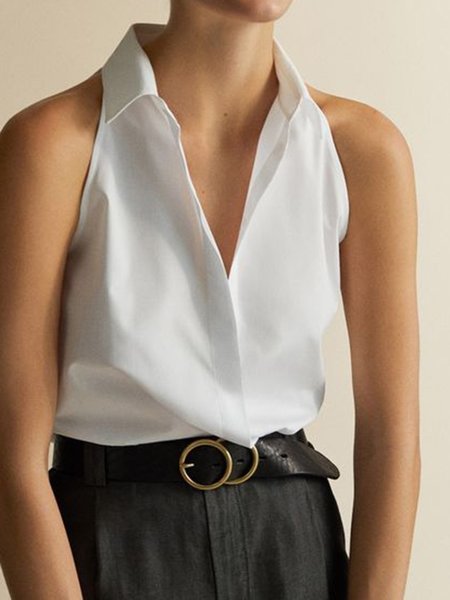 

Solid Regular Fit Shirt Collar Sleeveless Blouse, White, Blouses and Shirts