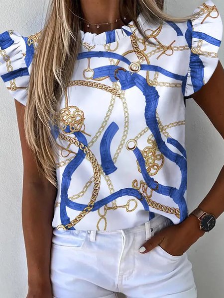 

Crew Neck Fashion Short Sleeve Printed Top, White, Tops