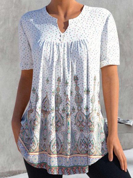 

Boho Tribal Geometric Floral Polka Dots Casual Loosen V Neck Tunic Short Sleeve Tops, Flower, Tops