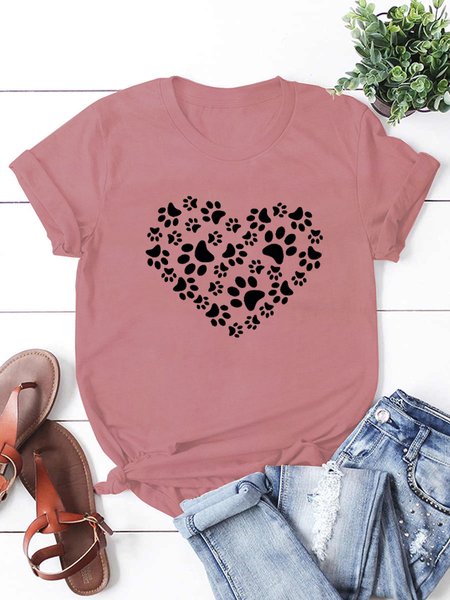 Dog Paw Funny Print Short Sleeve T-Shirt, Pink, T-shirts
