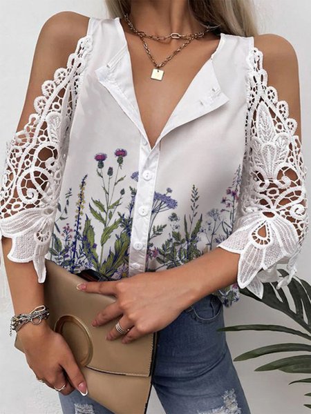 

Casual Half Sleeve Floral Loosen Blouse, White, Blouses and Shirts