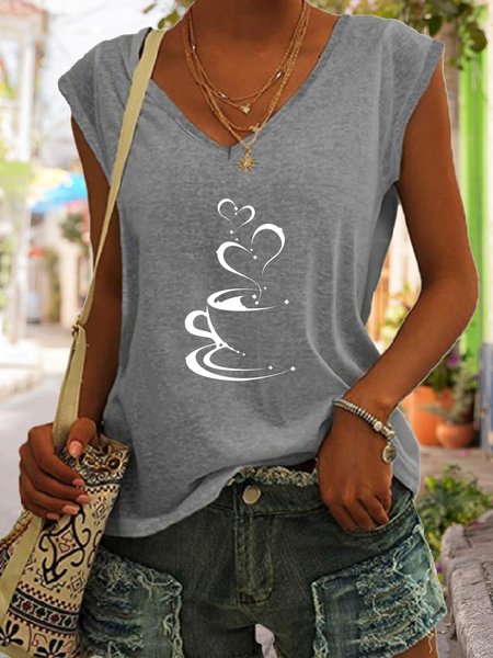 Coffee Heart Print V-Neck Top, Gray, Tank Tops