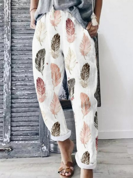 

Hand painted feather print elastic waist pocket loose sports pants Plus Size, Multicolor, Pants