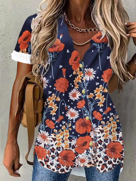 

Floral Casual V Neck Short Sleeve Tops, Black, Tops