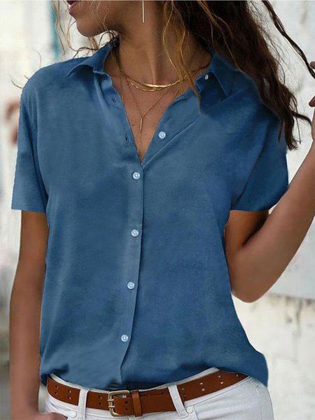 

Casual Solid Lapel Loosen Short Sleeve Blouse, Blue, Blouses & Shirts