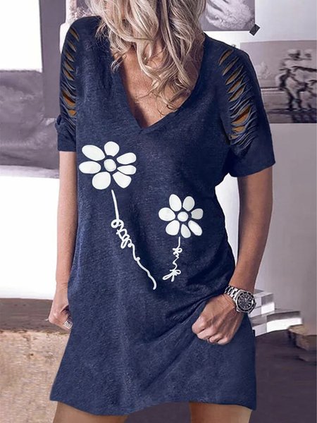 

Floral Ripped Short Sleeves V Neck Plus Size Casual Dresses, Navyblue, Mini Dresses