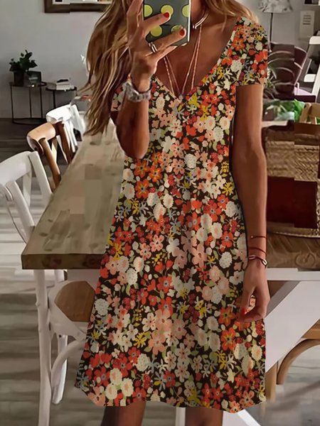 

Casual Floral Short Sleeve V Neck Plus Size Printed Dress, Multicolor, Mini Dresses