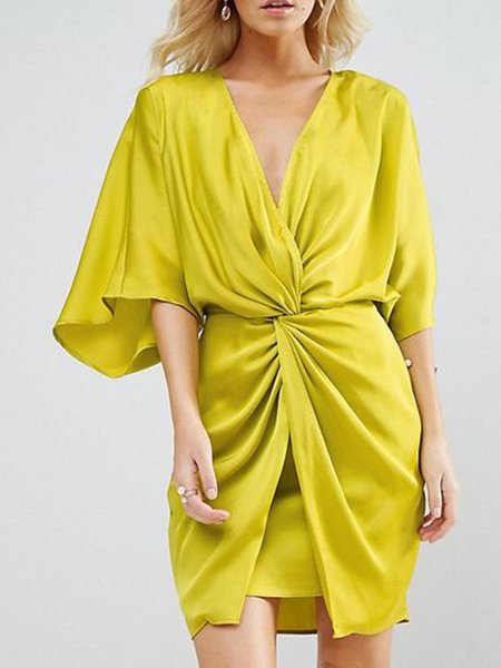 

V Neck Regular Fit Short Sleeve Woven Dress, Light yellow, Mini Dresses