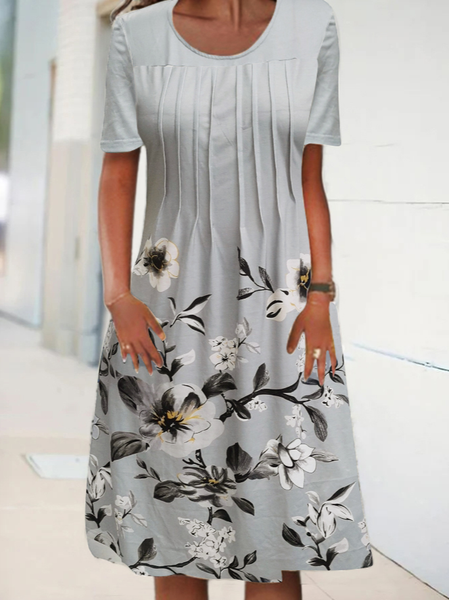 

Vacation Floral Crew Neck Short Sleeve Knit Dress, Light gray, Midi Dresses