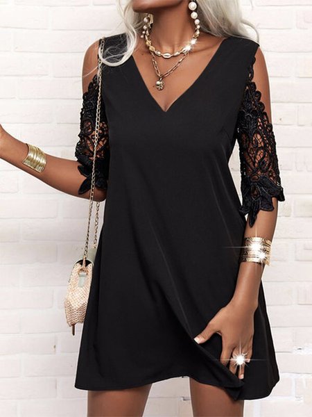 

V Neck Solid Casual Half Sleeve Mini Dress, Black, Mini Dresses