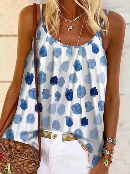 

Vacation Polka Dots Geometric Printed Casual Loosen Spaghetti Knit Tank, White, Tank Top