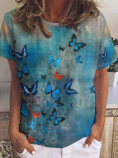 

Butterfly Print Casual Short Sleeve Tops, As picture, T-shirts