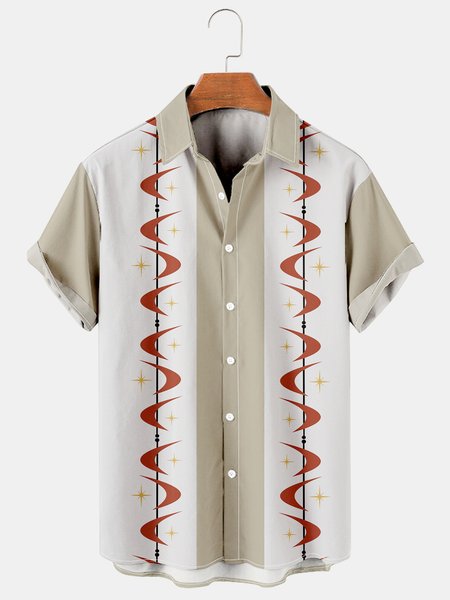 Men's Geometric Abstract Print Casual Breathable Short Sleeve Shirt, Beige, Men's Floral shirt