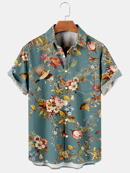 

Mens Retro Floral Print Lapel Loose Chest Pocket Short Sleeve Funky Hawaiian Shirts, Blue, Men's Floral shirt
