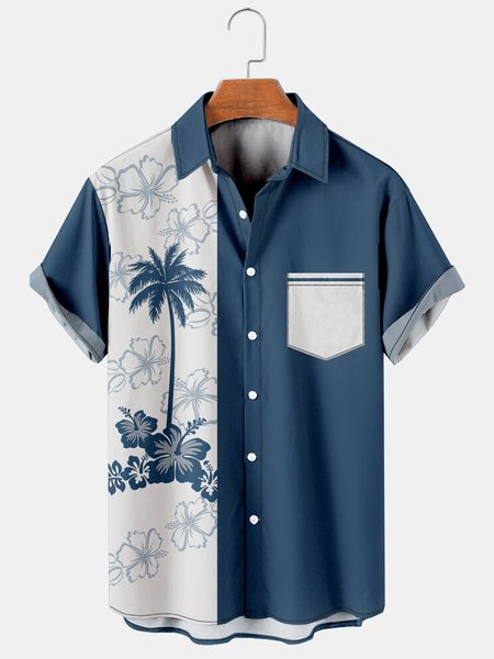 

Men's Coconut Tree Print Casual Breathable Hawaiian Short Sleeve Shirt, Blue, Men's Floral shirt