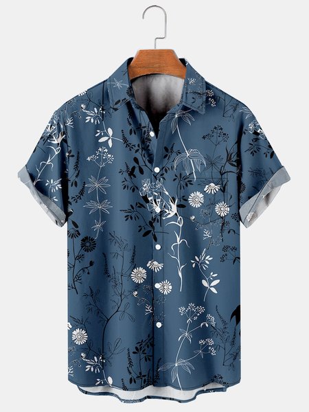 

Mens Retro Floral Print Lapel Loose Chest Pocket Short Sleeve Funky Hawaiian Shirts, Blue, Men's Floral shirt
