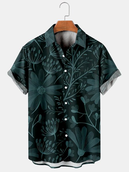 

Mens Retro Floral Print Lapel Loose Chest Pocket Short Sleeve Funky Hawaiian Shirts, Green, Men's Floral shirt