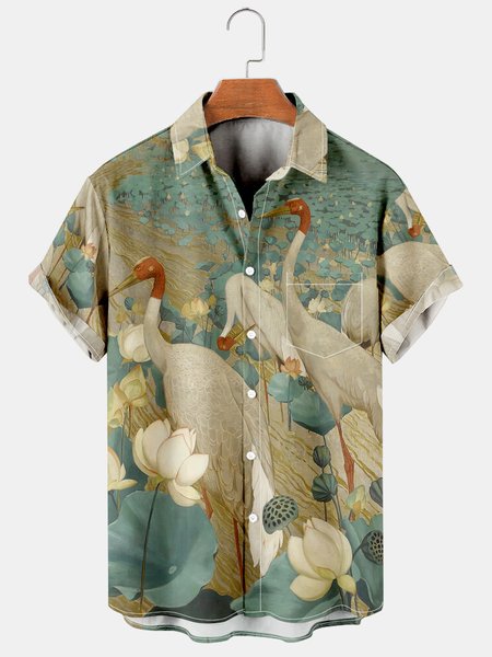 

Mens Japanese Ukiyoe Grus Japonensis Lapel Loose Chest Pocket Short Sleeve Funky Hawaiian Shirts, Blue, Men's Floral shirt