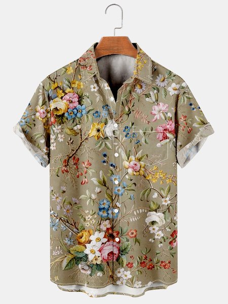 

Mens Retro Floral Print Lapel Loose Chest Pocket Short Sleeve Funky Hawaiian Shirts, Khaki, Men's Floral shirt
