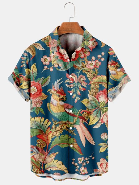 

Mens Japanese Ukiyoe Parrots Leaves Print Lapel Loose Chest Pockets Short Sleeve Funky Hawaiian Shirts, Blue, Men's Floral shirt
