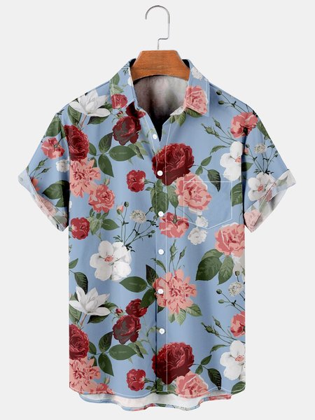 

Mens Retro Floral Print Lapel Loose Chest Pocket Short Sleeve Funky Hawaiian Shirts, Blue, Men's Floral shirt