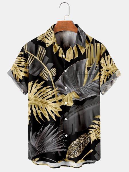 

Mens Black&Gold Leaves Print Lapel Loose Chest Pocket Short Sleeve Funky Hawaiian Shirts, Men's Floral shirt