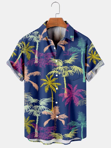 

Men's Hawaiian Print Lapel Loose Chest Pocket Short Sleeve Fashion Aloha Shirt, Black, Men's Floral shirt