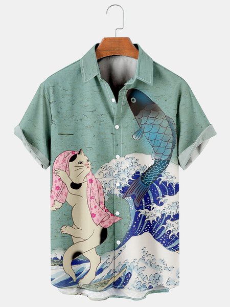 

Men's Ukiyo-e Funny Print Casual Breathable Short Sleeve Shirt, Green, Men's Floral shirt