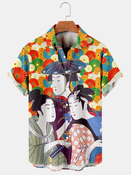 

Mens Japanese Ukiyoe Print Lapel Loose Chest Pocket Short Sleeve Funky Hawaiian Shirts, Orange, Men's Floral shirt