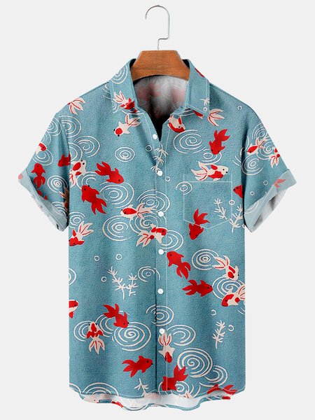 

Mens Japanese Fishes Print Lapel Loose Chest Pocket Short Sleeve Funky Hawaiian Shirts, Blue, Men's Floral shirt
