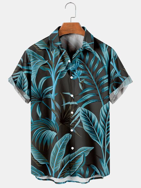 

Mens Tropical Leaves Print Lapel Loose Chest Pocket Short Sleeve Funky Hawaiian Shirts, Black, Men's Floral shirt