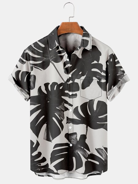 

Mens Black & White Monstera deliciosa Print Lapel Loose Chest Pocket Short Sleeve Funky Hawaiian Shirts, Men's Floral shirt