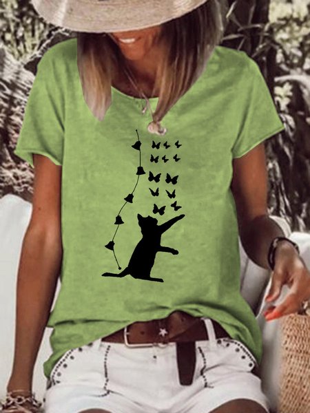 

Cat Butterflies Print Women's Short Sleeve T-Shirt, Green, T-shirts