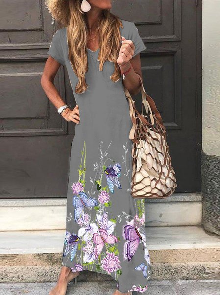 

Cotton Short Sleeve Woven Dress, Gray, Floral Dresses