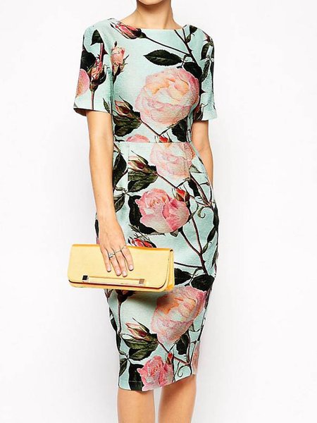

Floral Elegant Short Sleeve Woven Dress, Light blue, Midi Dresses