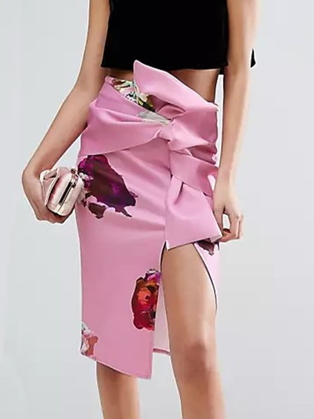 

Elegant Printed Lace-up Midi Skirt, Pink, Midi Skirts