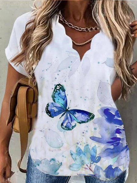 

V Neck Floral Basics Short Sleeve Tops, White, Tops