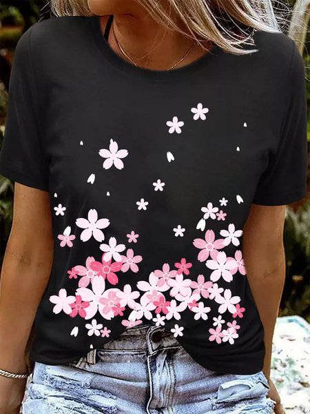 

Regular Fit Sakura Printing Casual Short Sleeve T-Shirt, Black, Tees & T-shirts