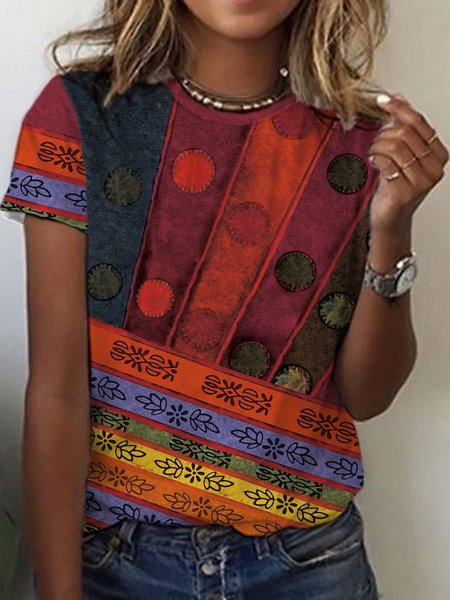 

Casual Printed Crew Neck Short Sleeve T-Shirt, As picture, T-Shirts