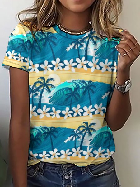 

Plants Print Casual Short Sleeve Tops, As picture, T-shirts