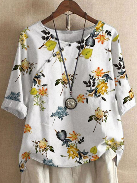 

Round Neck Casual Loose Floral Print Short Sleeve Blouse, White, Shirts & Blouses