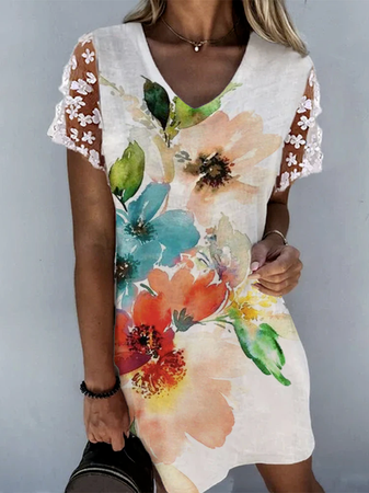 

Casual Regular Fit Floral Lace Short Sleeve Woven Dress, White, Mini Dresses