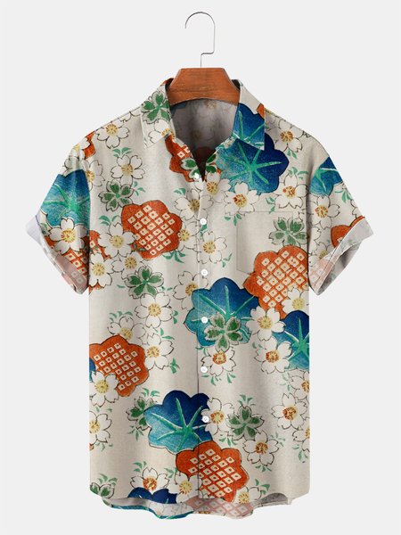

Japanese Graphic Men's Casual Short Sleeve Shirt, White, Men's Floral shirt