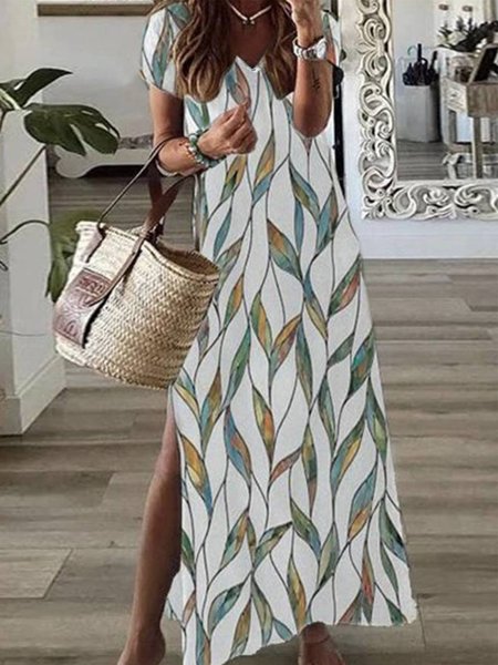 

Casual Leaves V Neck Short Sleeve Dress, Multicolor, Maxi Dresses