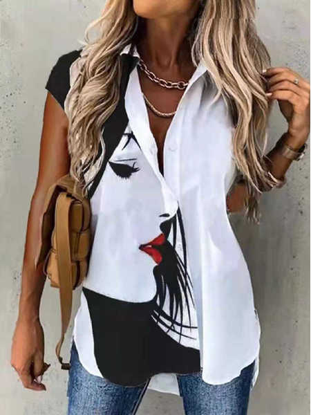 

Shirt Collar Loosen Abstract Casual Short Sleeve Blouse, Multicolor, Blouses & Shirts